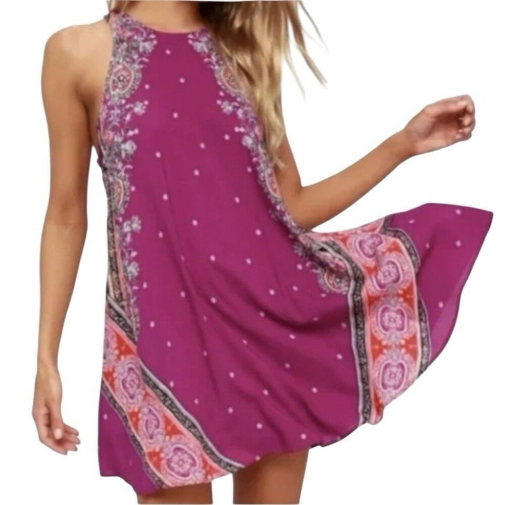 NWT Free People Darjeeling Printed Slip Dress Size XS‎ Magenta Boho Festival